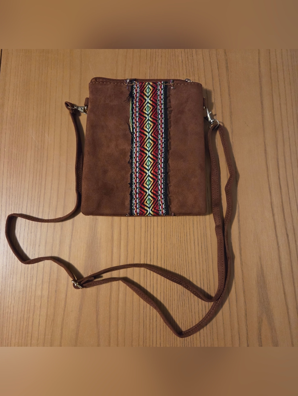 Brown Faux Suede Crossbody Bag with Colorful Tribal Stripe